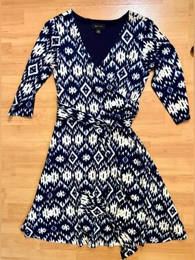Faux Wrap Dress in Navy and White Print